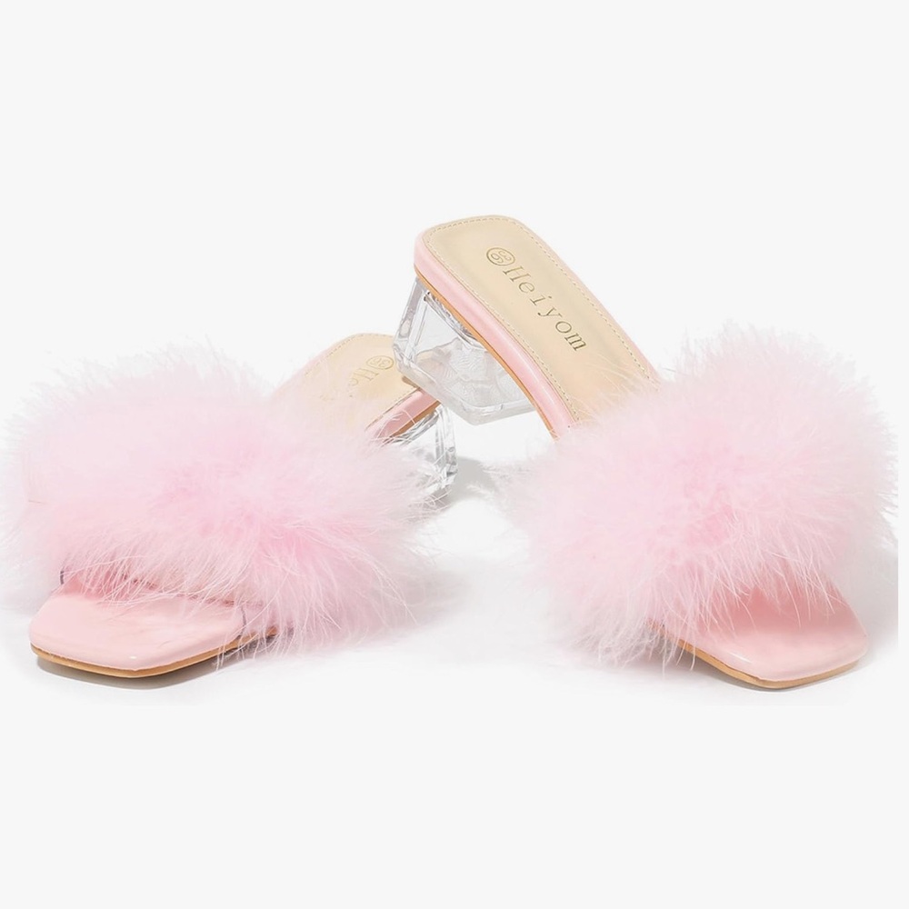 Square Toe Low Block Chunky Heels Mules with Fluffy Feather Details